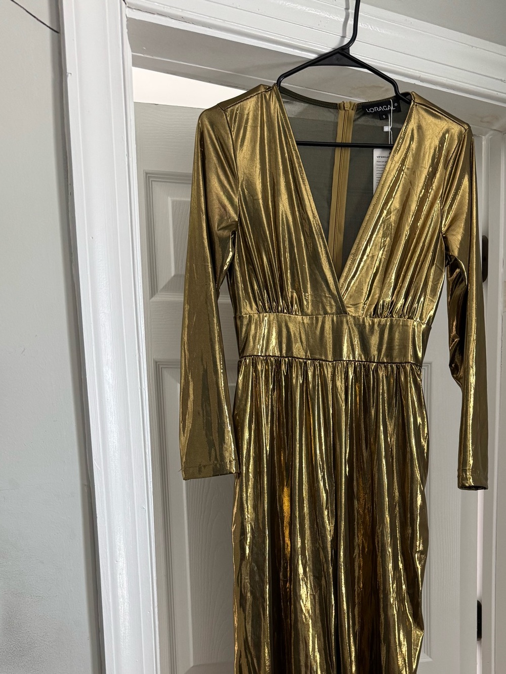 Loragal Gold Metallic Plunge Long-Sleeve Jumpsuit